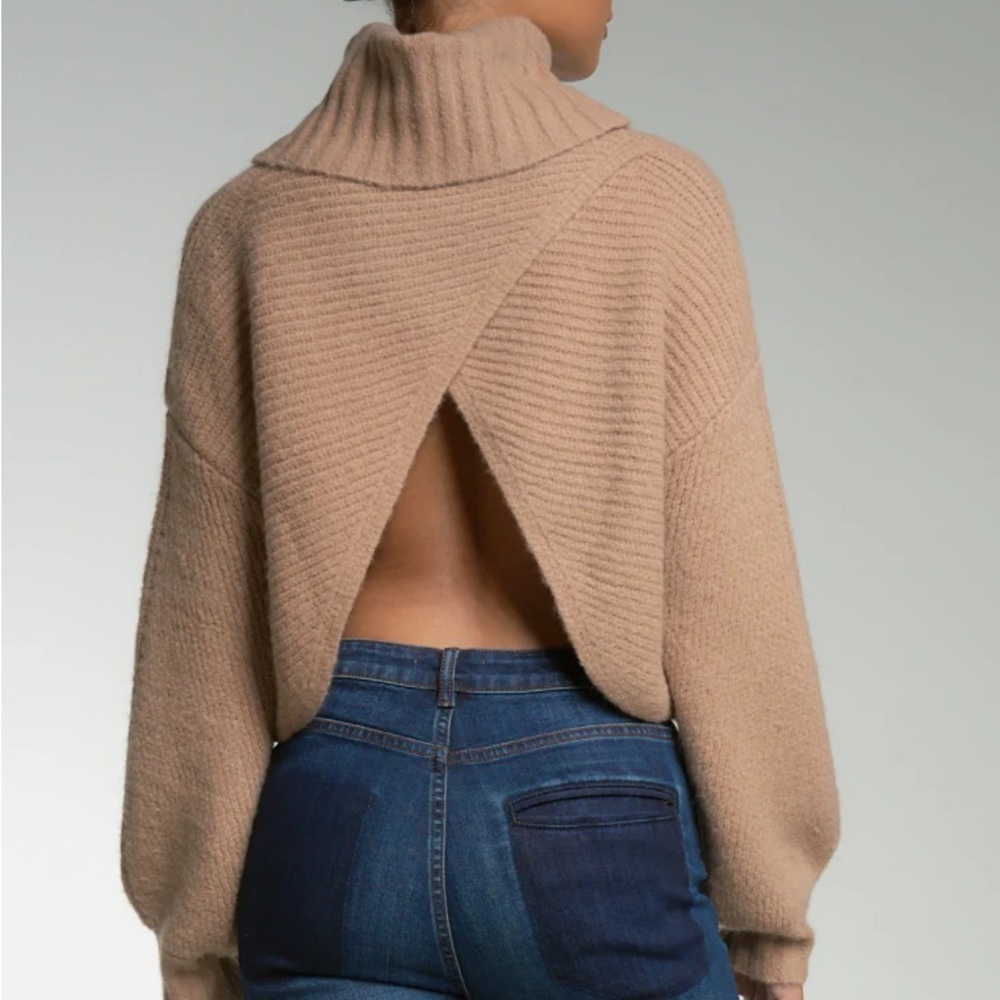 Tan Elan Open Back Turtleneck Crop Sweater